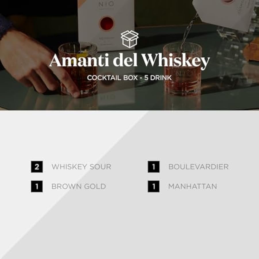 NIO Cocktails - Box Amanti del Whiskey, 5 Drink da 100ml già Miscelati, Pronti da Bere, con Bourbon Bulleit (2 Whiskey Sour, 1 Brown Gold, 1 Boulevardier, 1 Manhattan), Gift Pack, 500ml 90413329