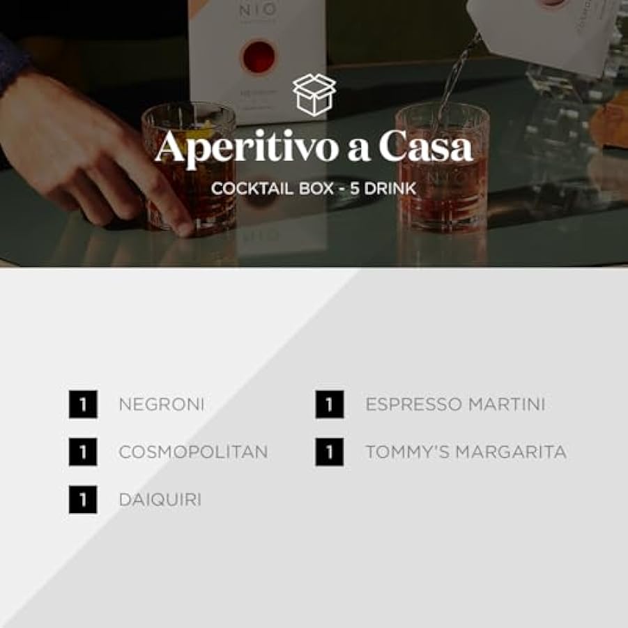 NIO Cocktails - Box Aperitivo a Casa, 5 Drink da 100ml già Miscelati, Pronti da Bere (Negroni, Cosmopolitan, Daiquiri, Espresso Martini, Tommy´s Margarita), Gift Pack, 500ml 218099625