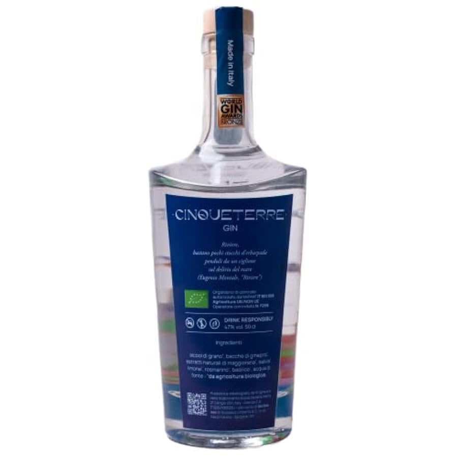 Cinque Terre Gin - 500 ml - Premium Gin 100% biologico Italiano - Premiato tra i migliori gin italiani al mondo nella categoria classic gin - 47% Vol. (500 ml, senza astuccio) 670928155